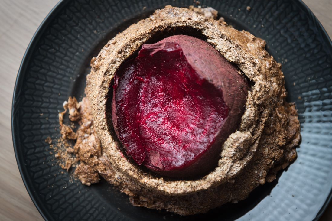 Salt and Sol Baked Beet Root with creme fraiche, horseradish and huckleberries<br>